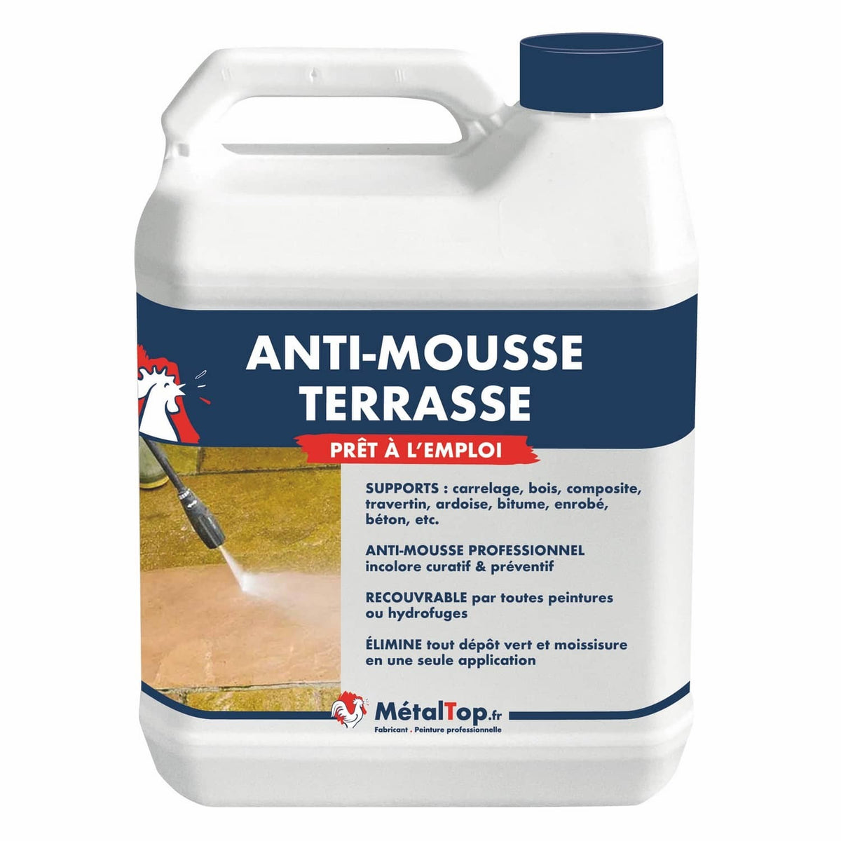 Bidon anti-mousse terrasse MétalTop prêt à l'emploi, traitement de dalles au jet haute pression