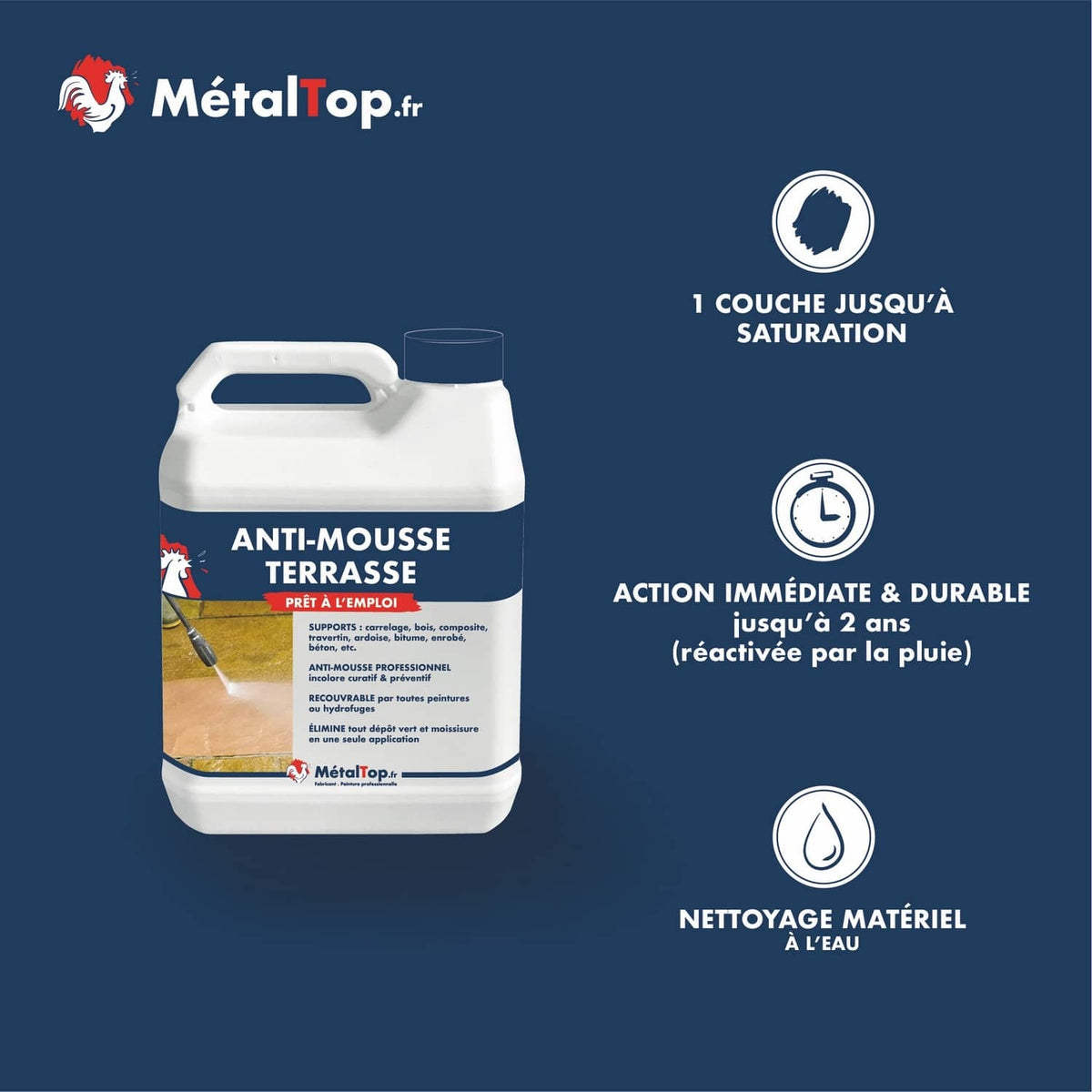Bidon anti-mousse terrasse MétalTop prêt à l'emploi, élimine mousse et moisissures