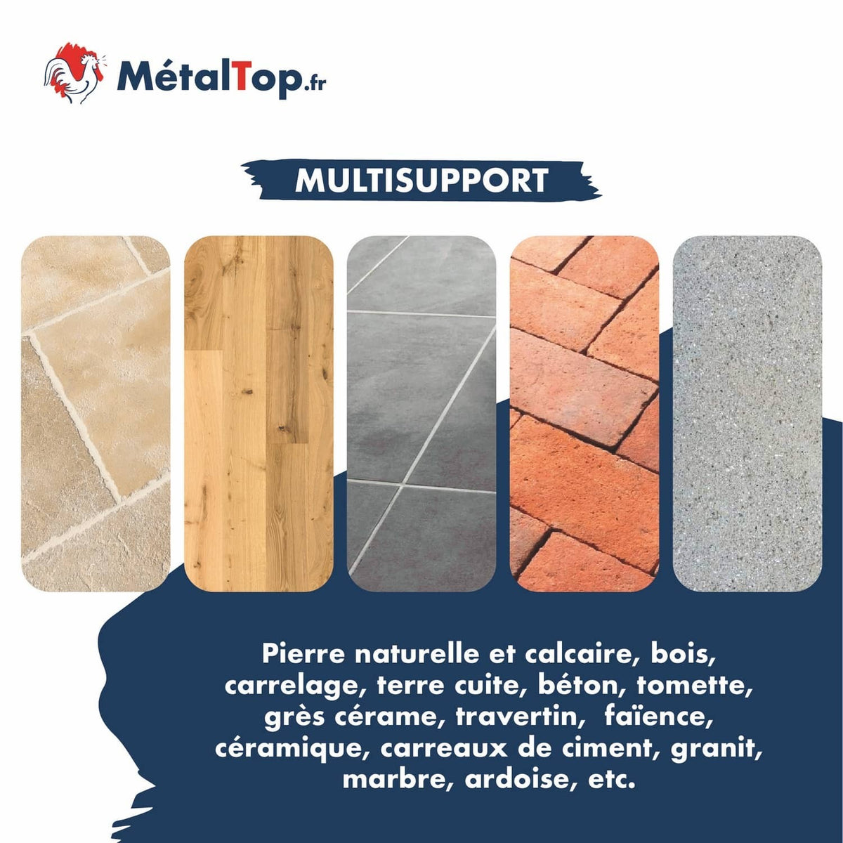 Échantillons de revêtements multisupports : pierre naturelle, bois, carrelage, terre cuite, béton