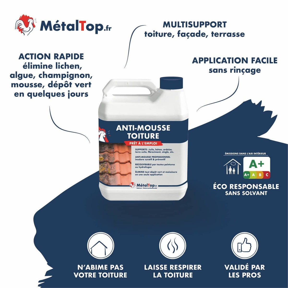 Bidon Anti-mousse toiture MétalTop.fr prêt à l'emploi, élimine lichens et mousses sur tuiles