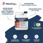 Bidon Anti-mousse toiture MétalTop.fr prêt à l'emploi, élimine lichens et mousses sur tuiles