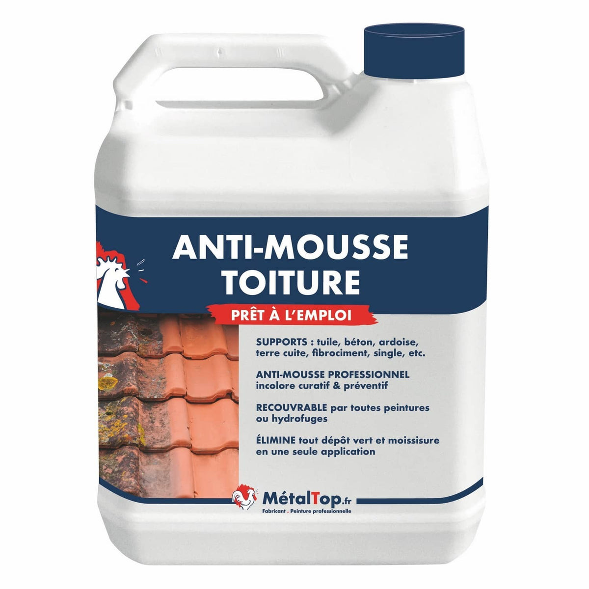 Bidon blanc Anti-mousse toiture MétalTop prêt à l'emploi pour tuiles et toitures