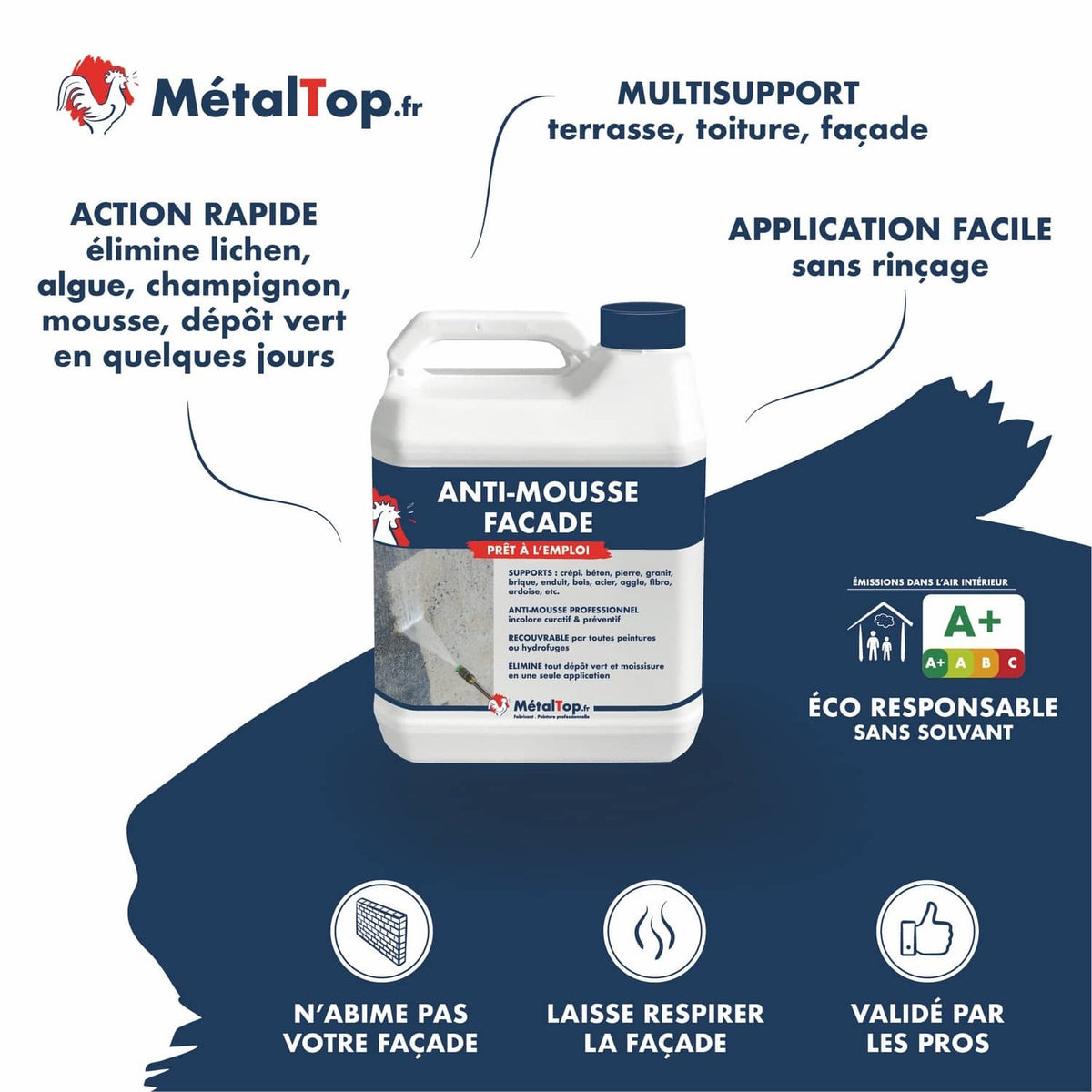 Bidon d'anti-mousse façade MétalTop prêt à l'emploi, traitement contre lichen, algue et mousse