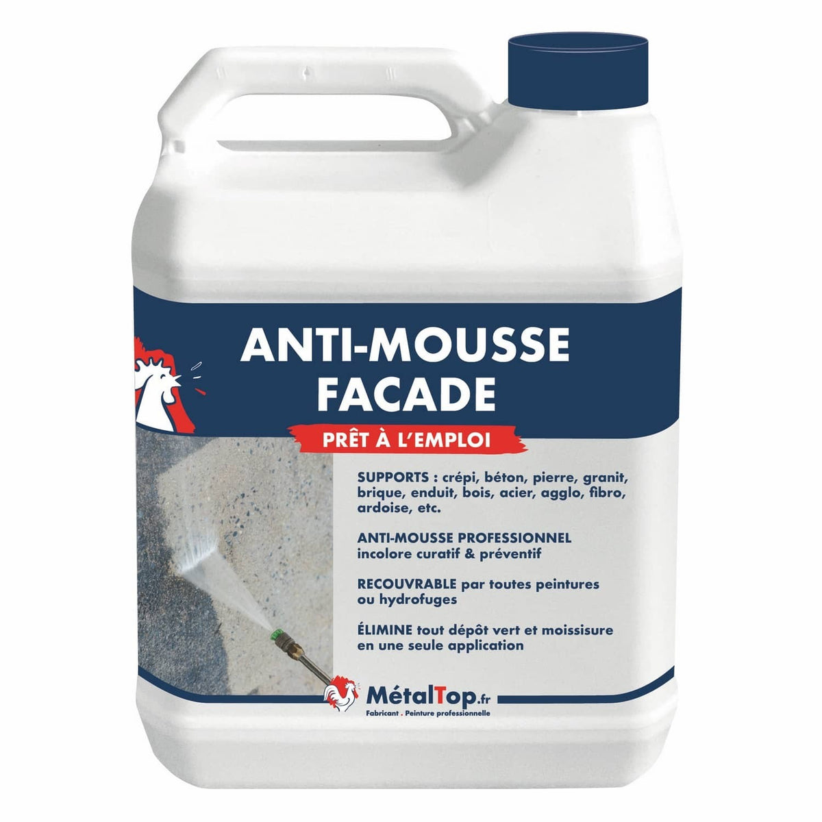 Bidon blanc Anti-mousse façade MétalTop prêt à l'emploi, pour crépi, béton et pierre