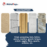 Échantillons de supports : crépi, parpaing, bois, béton, pierre et granit, sur fond bleu marine