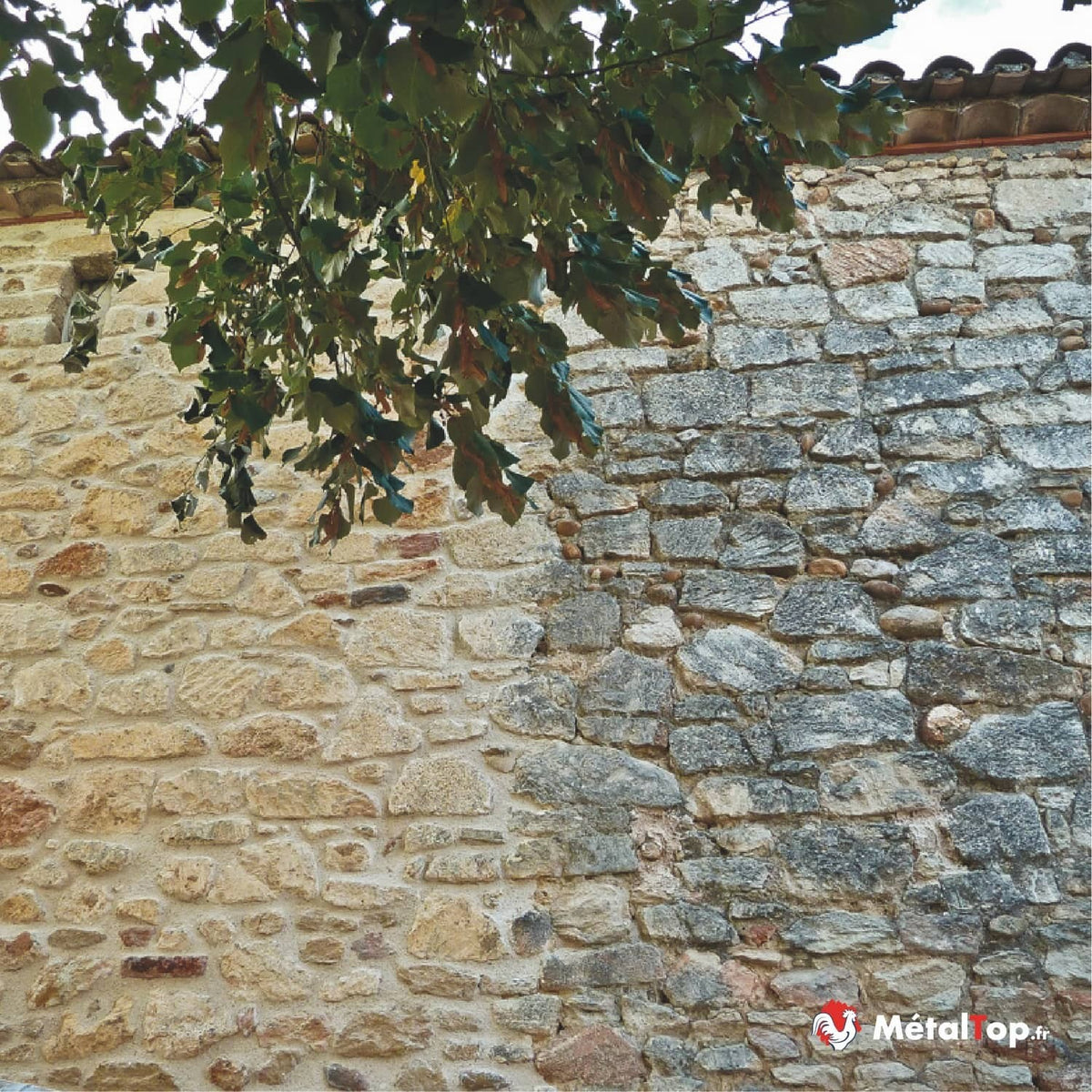 Mur en pierres apparentes, moitié restaurée beige et moitié grise ancienne, sous un feuillage d'arbre