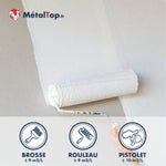 Peinture blanche MétalTop appliquée au rouleau, rendements brosse, rouleau et pistolet