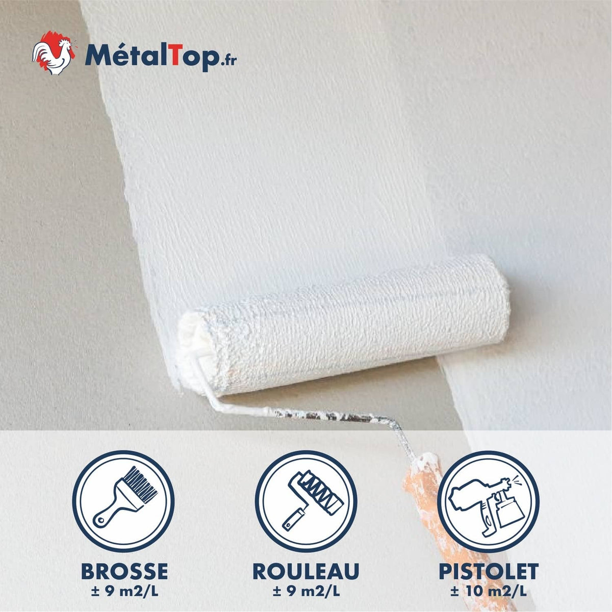 Peinture blanche MétalTop appliquée au rouleau, rendements brosse, rouleau et pistolet