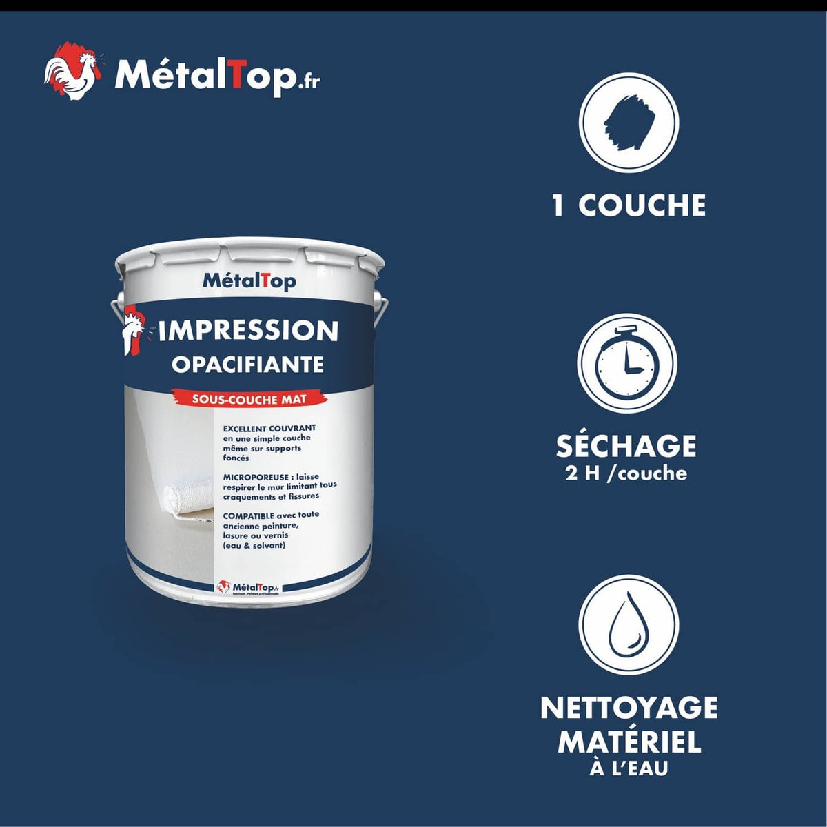 Pot MétalTop d'impression opacifiante sous-couche mat, séchage 2 h, 1 couche, nettoyage à l'eau