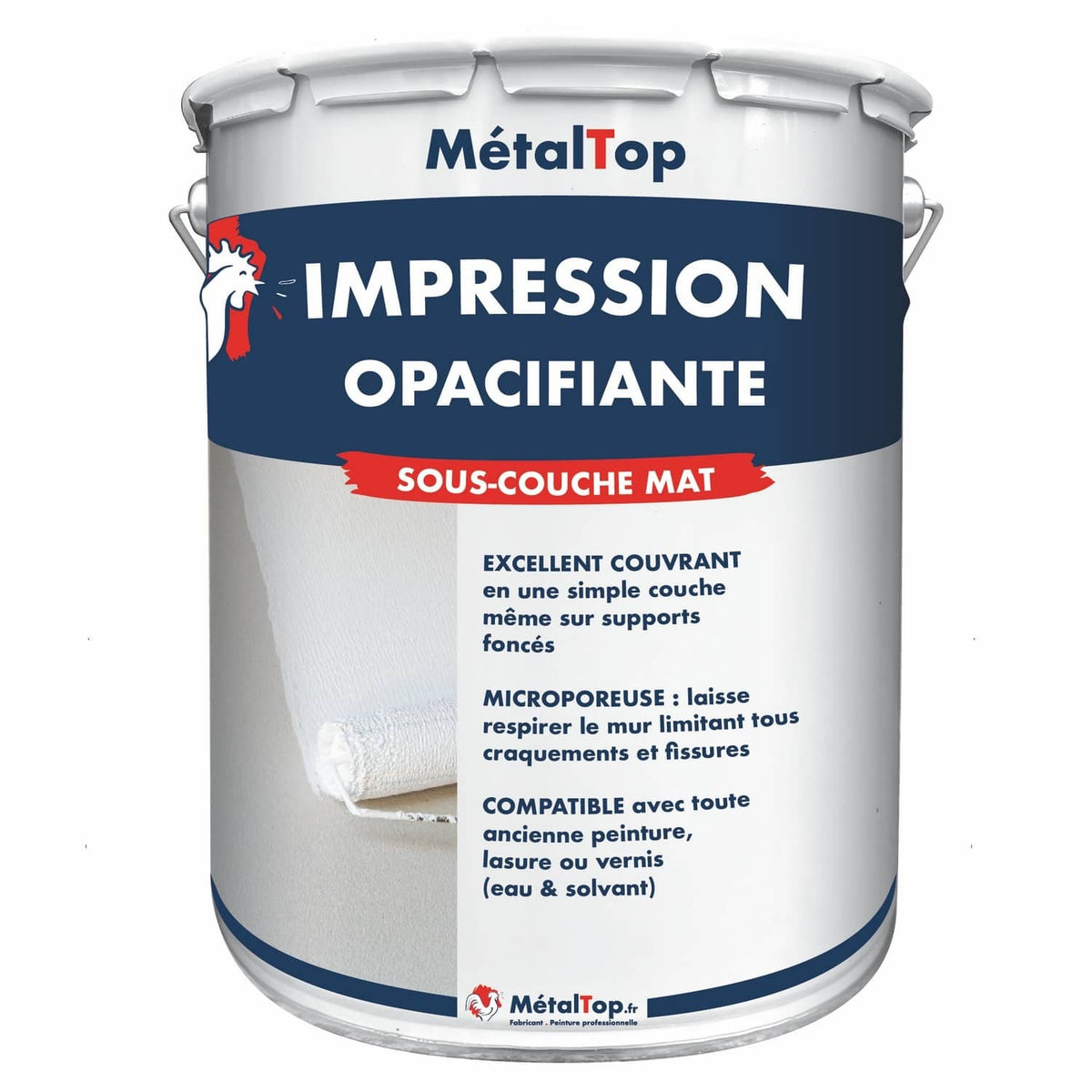 Pot MétalTop d'impression opacifiante sous-couche mat, application au rouleau sur mur