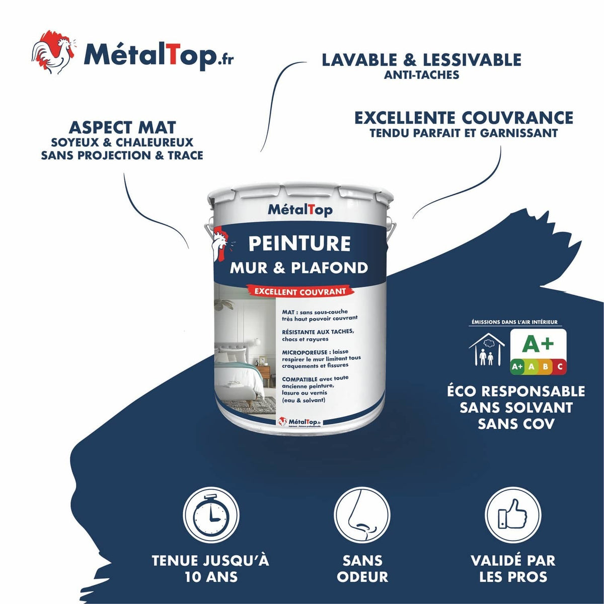 Pot de peinture MétalTop mur et plafond mat, lavable et excellent couvrant, sans solvant