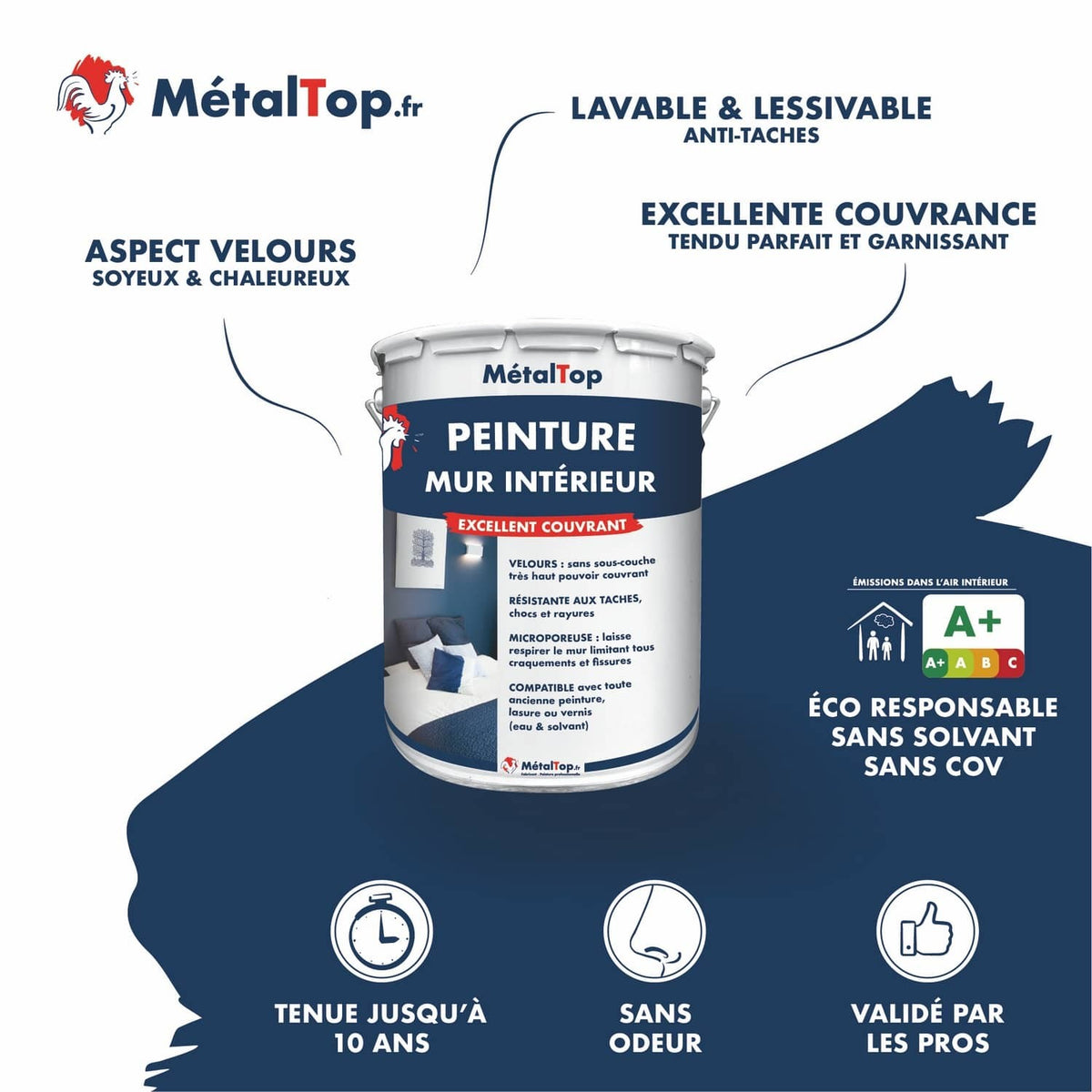 Pot de peinture MétalTop pour mur intérieur, aspect velours, excellent couvrant, sans solvant