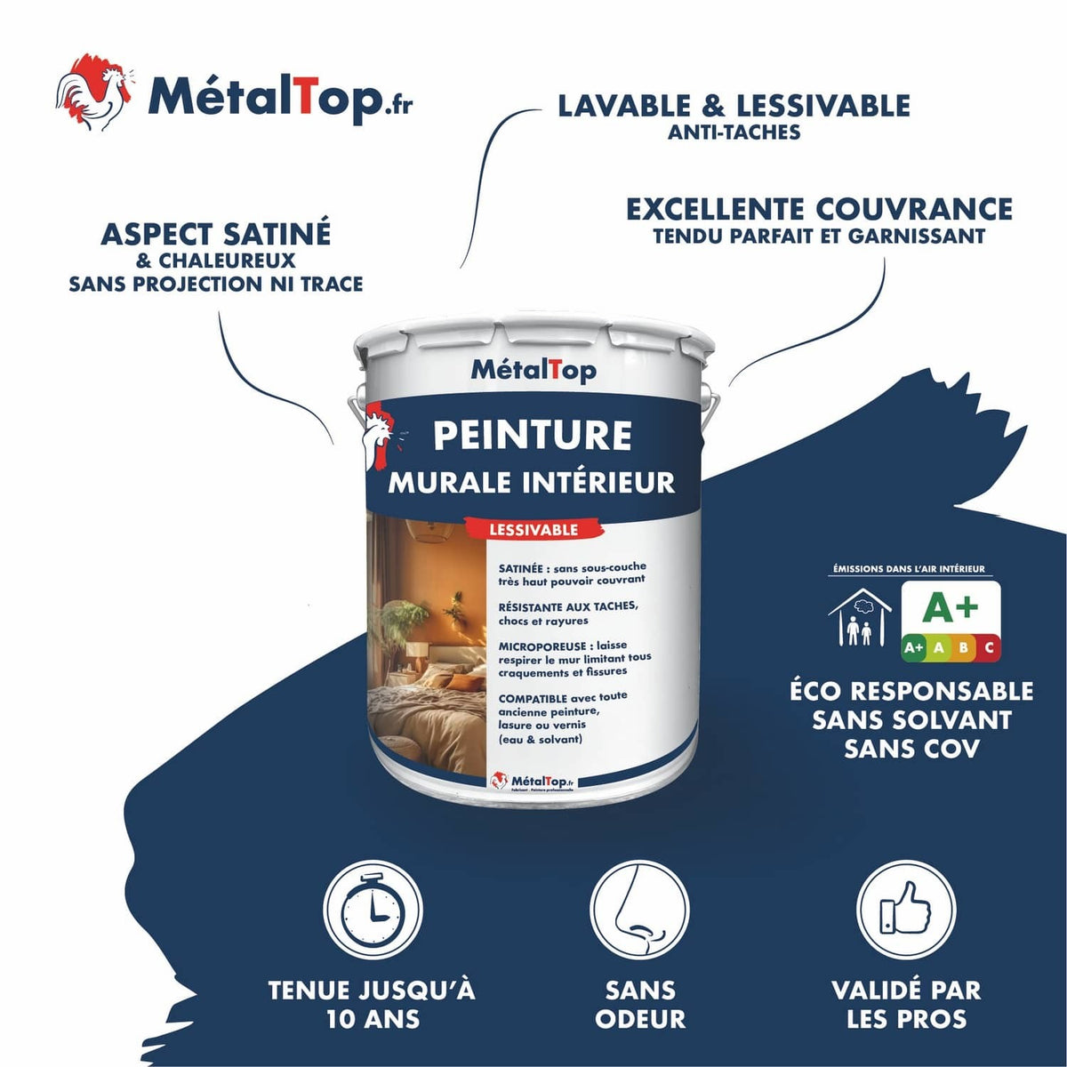 Pot de peinture murale intérieure lessivable MétalTop satinée, étiquette bleu marine