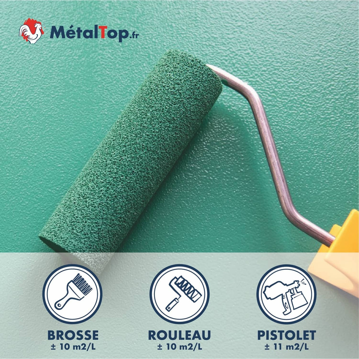 Rouleau vert appliquant une peinture sur métal, rendements par brosse, rouleau et pistolet