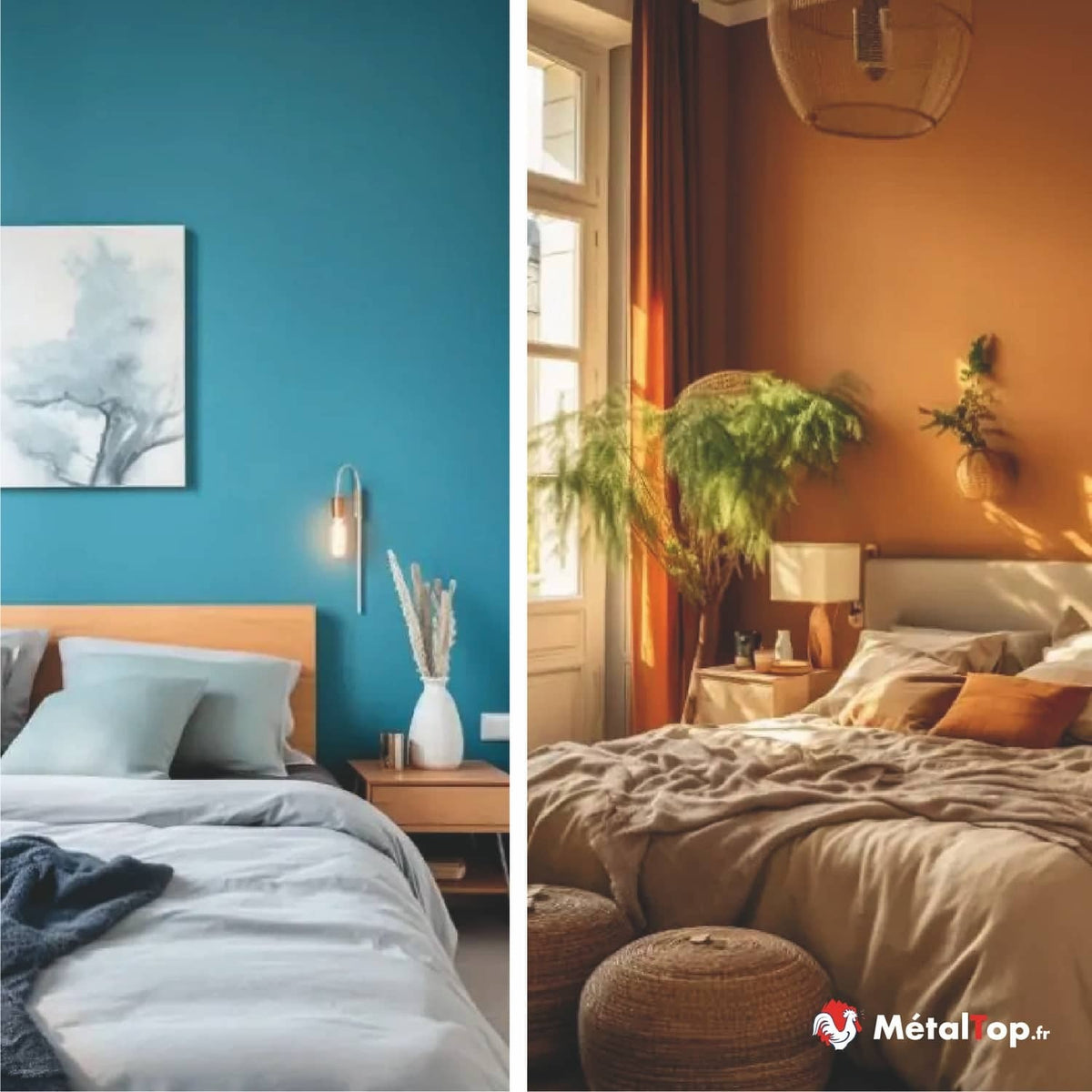 Couleurs de murs de chambre : bleu canard avec linge blanc et orange terracotta avec linge beige