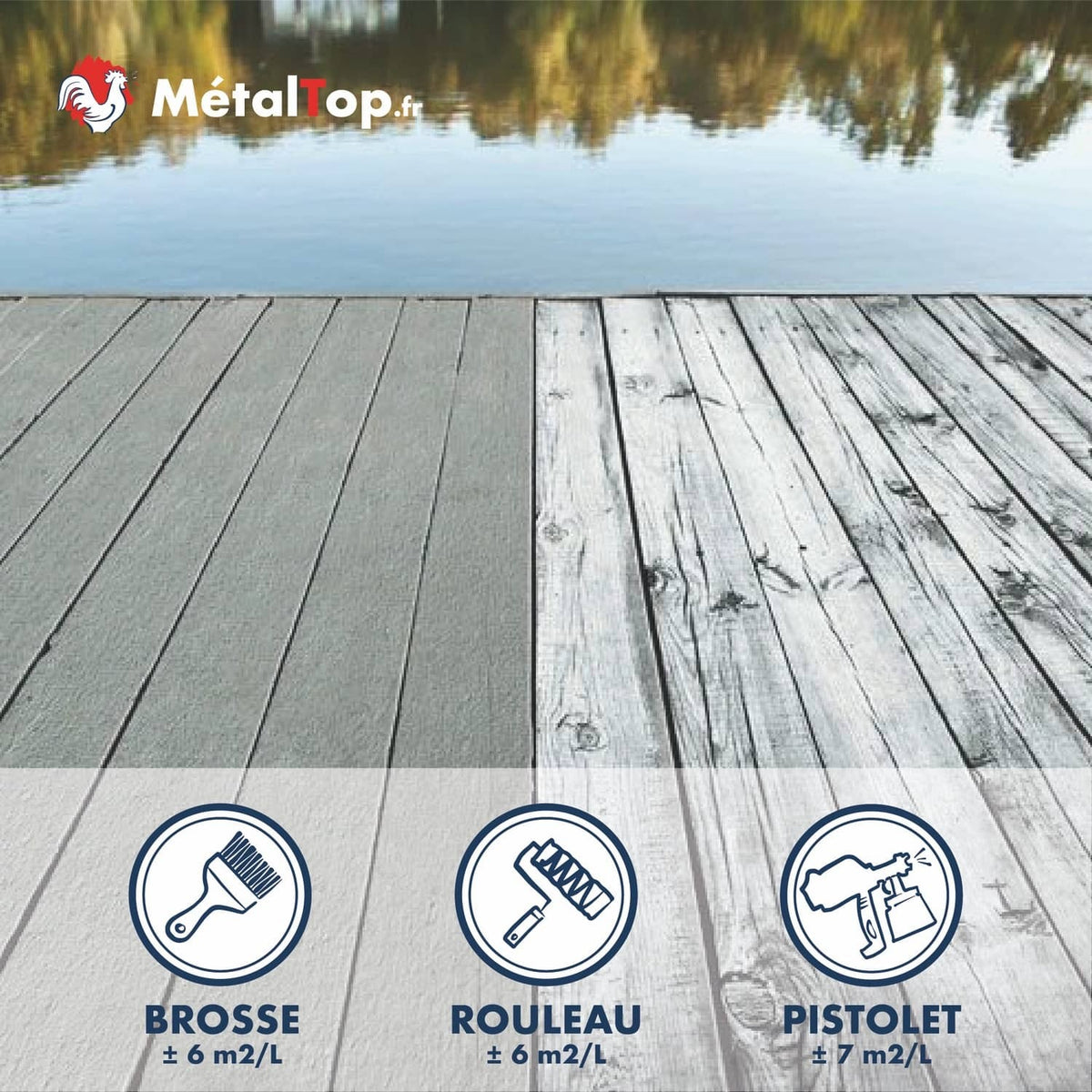 Ponton en bois : moitié peinte en gris à gauche, bois usé et patiné à droite, au bord d'un lac