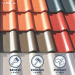 Nuancier peinture toiture métal (orange, rouge, gris, beige) et rendements brosse, rouleau, pistolet