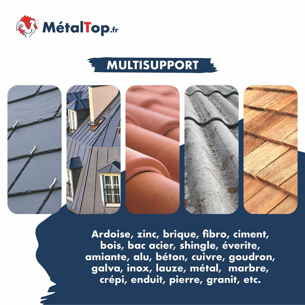 Toitures multisupport : ardoise, zinc, tuiles en terre cuite, fibro-ciment et bardeaux de bois