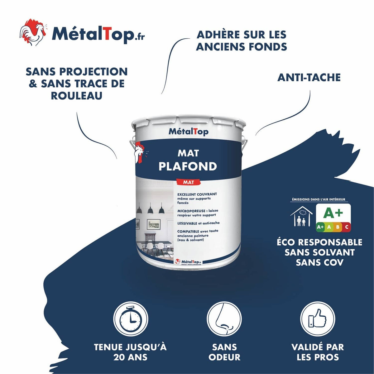 Pot de peinture MétalTop Mat Plafond, peinture mate pour plafond sans solvant