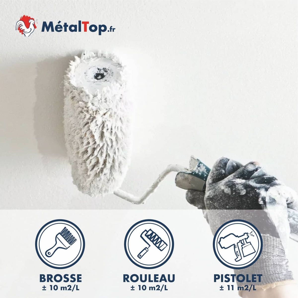 Peinture blanche appliquée au rouleau sur un mur, avec rendements brosse, rouleau et pistolet