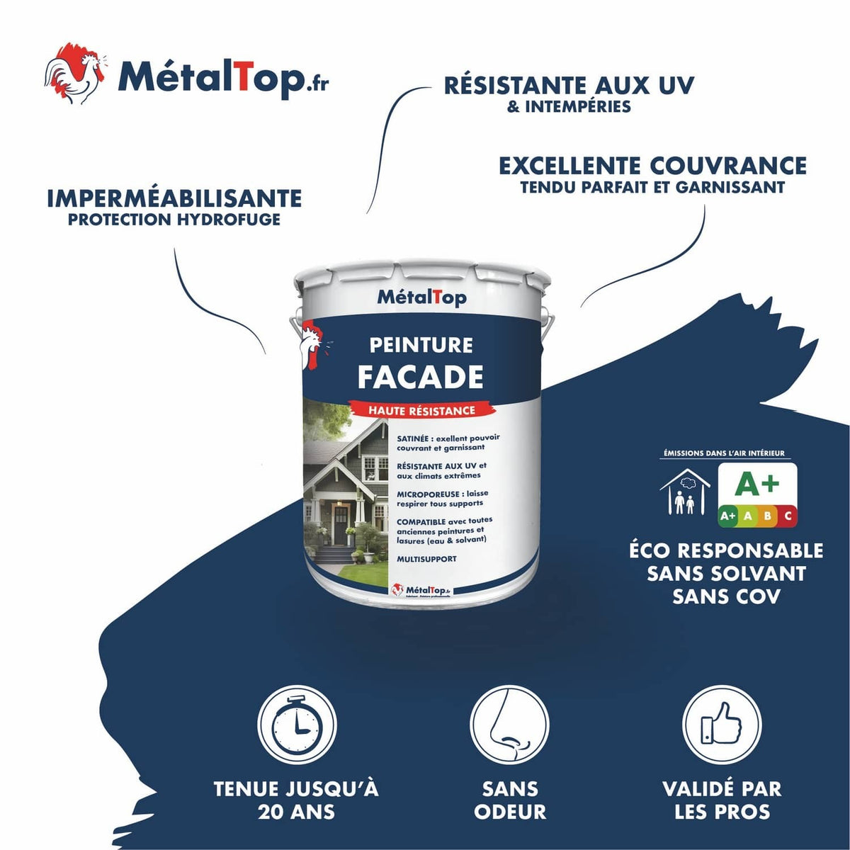 Pot de peinture façade MétalTop Haute Résistance, satinée, résistante aux UV et intempéries
