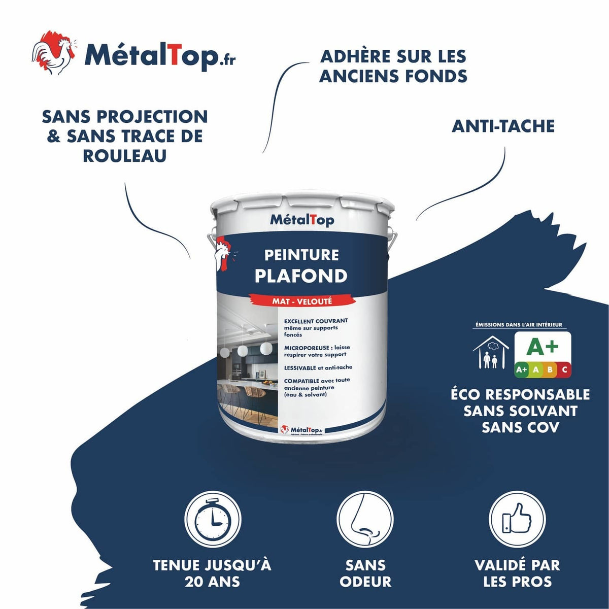 Pot de peinture plafond MétalTop mat-velouté, sans solvant, émissions A+ dans l'air intérieur