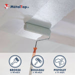 Application au rouleau d'une peinture MétalTop sur plafond, rendements brosse, rouleau, pistolet