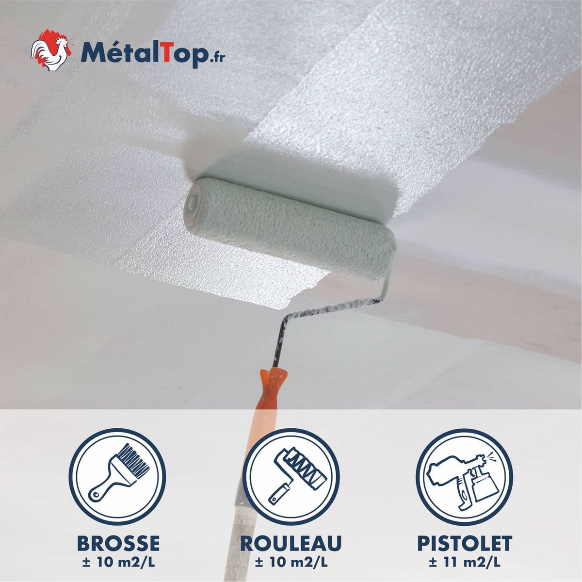 Application au rouleau d'une peinture MétalTop sur plafond, rendements brosse, rouleau, pistolet