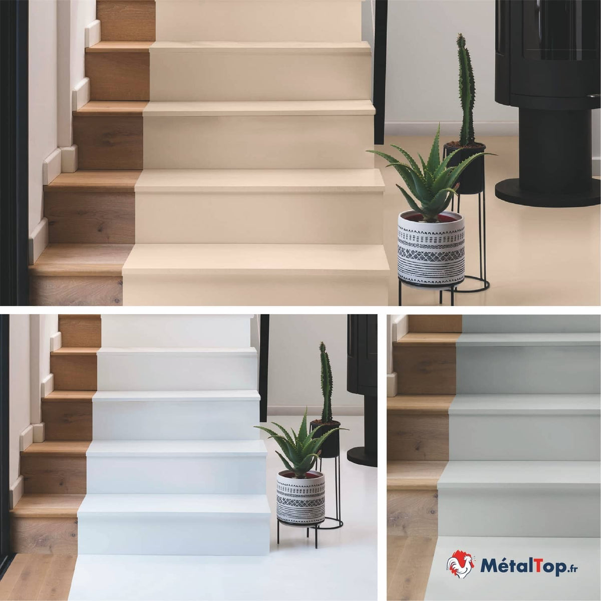 Escalier en bois comparant des marches peintes en beige, blanc et gris clair