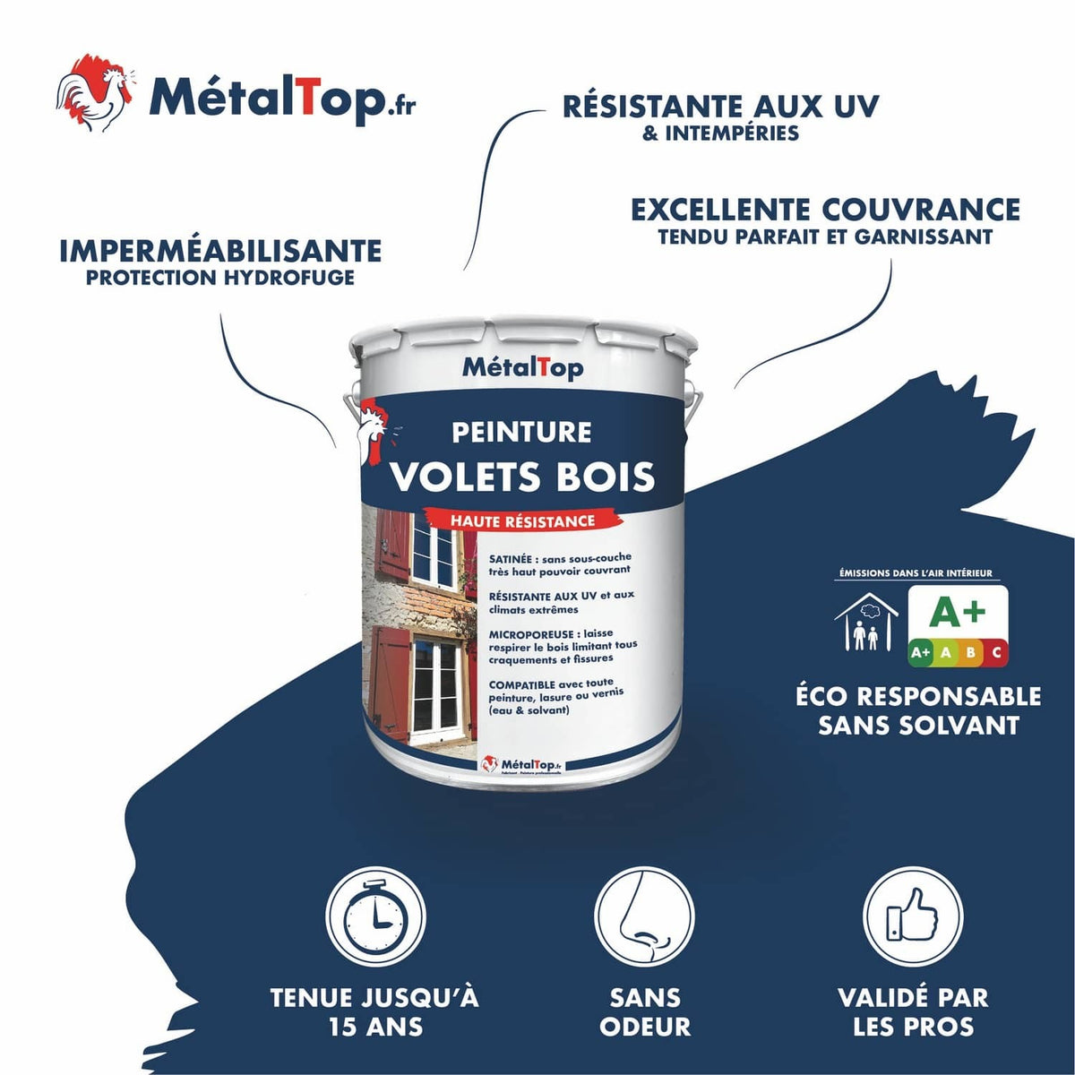 Pot de peinture MétalTop pour volets bois, haute résistance, résistant aux UV et hydrofuge