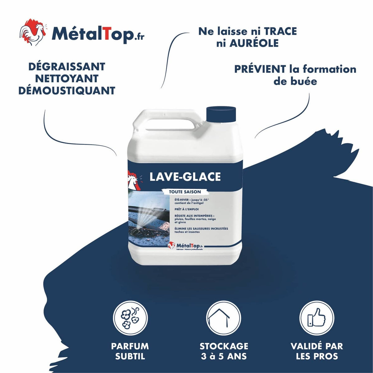 Bidon de lave-glace MétalTop toute saison à étiquette bleue, jet d'eau sur pare-brise