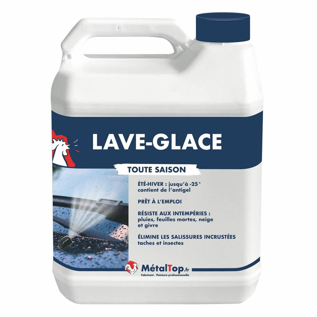Bidon blanc de lave-glace MétalTop toute saison, jusqu'à -25°, à étiquette bleue