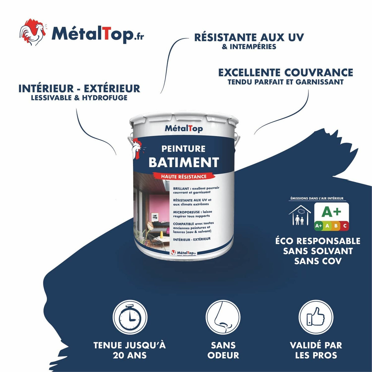 Pot de peinture bâtiment MétalTop haute résistance, intérieur-extérieur et résistante aux UV