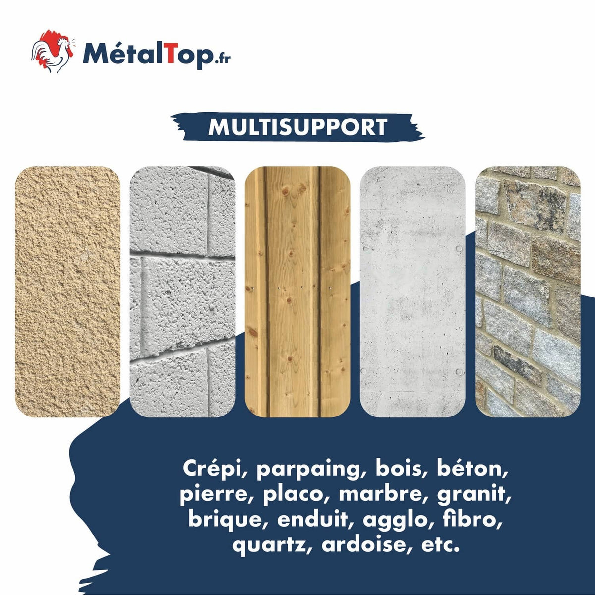 Supports compatibles : crépi, parpaing, bois, béton, pierre, placo, marbre, granit, brique