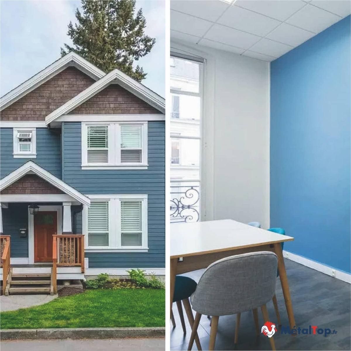 Maison à façade en bardage bleu et salle aux murs bleus avec table et chaises