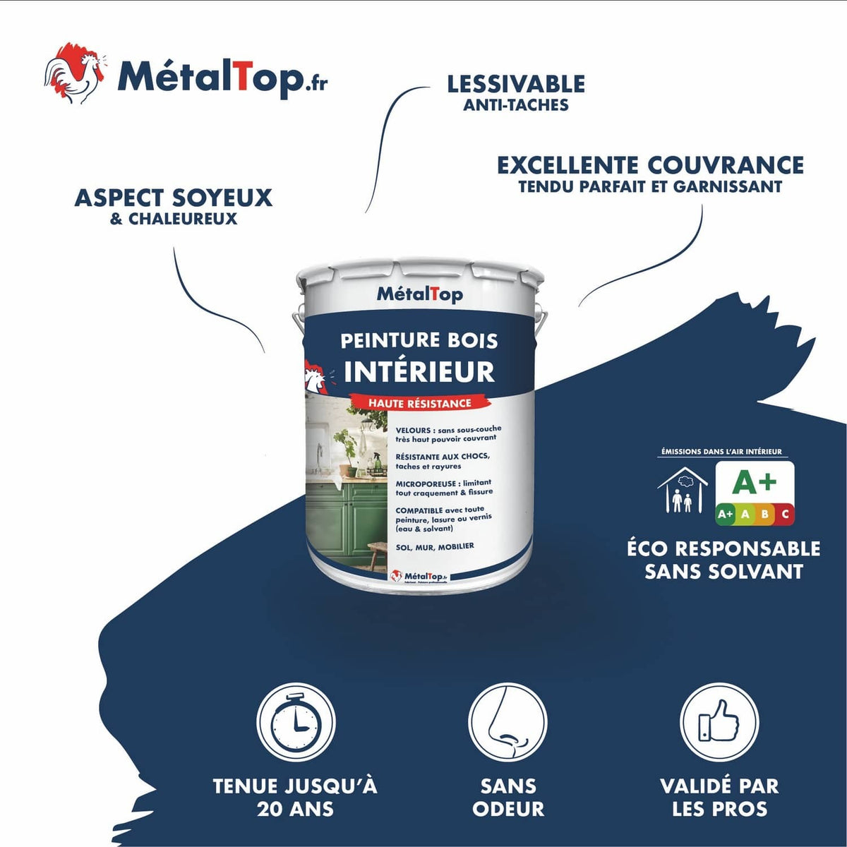 Pot de peinture bois intérieur MétalTop haute résistance, aspect velours, sans solvant