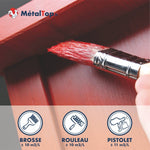 Peinture rouge MétalTop appliquée au pinceau sur bois, rendements brosse, rouleau et pistolet