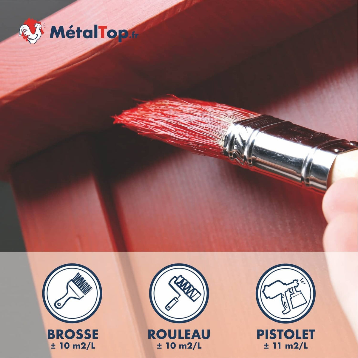 Peinture rouge MétalTop appliquée au pinceau sur bois, rendements brosse, rouleau et pistolet