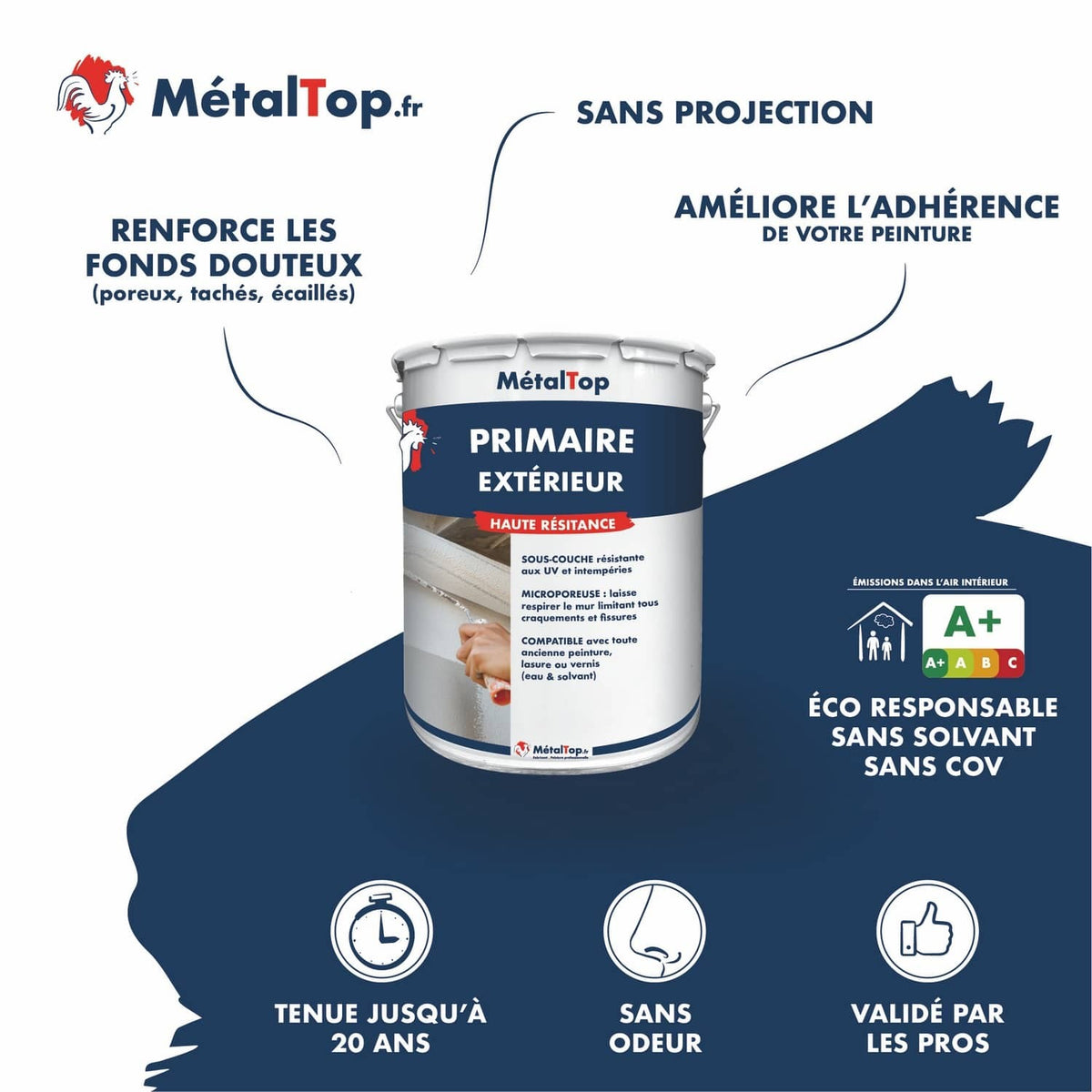 Pot de primaire extérieur MétalTop haute résistance, sous-couche microporeuse anti-fissures