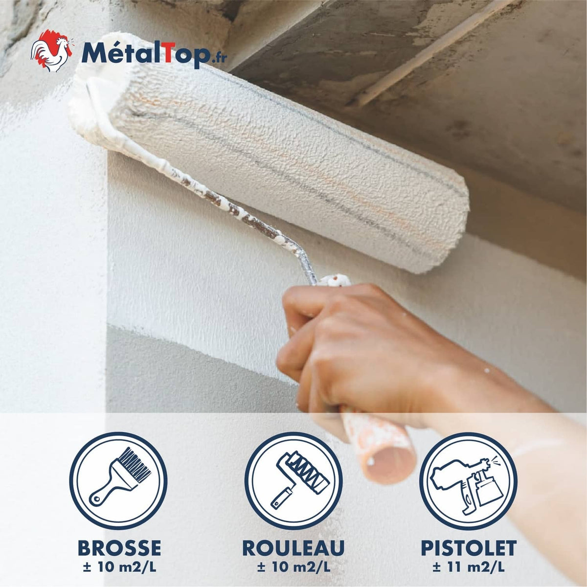 Peinture blanche MétalTop : rendements brosse, rouleau et pistolet de 10 à 11 m²/L
