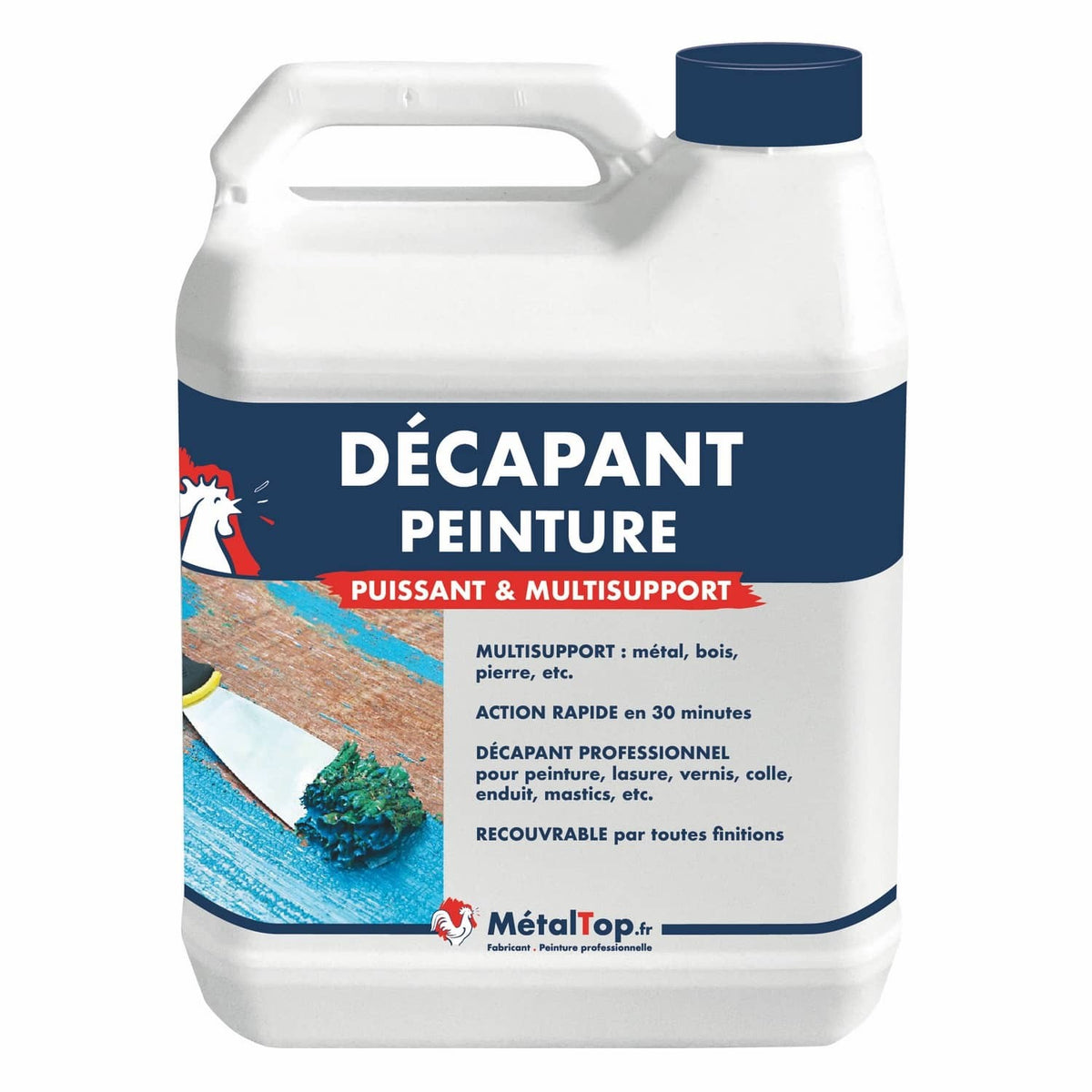 Bidon blanc de décapant peinture MétalTop, puissant et multisupport, à bouchon bleu