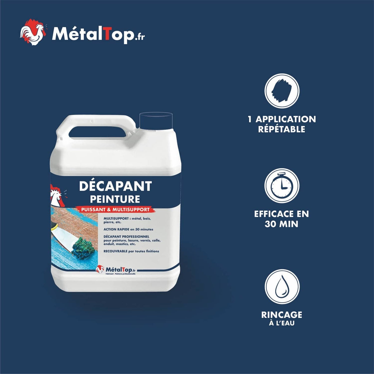 Bidon de décapant peinture MétalTop multisupport, action rapide en 30 minutes, rinçage à l'eau