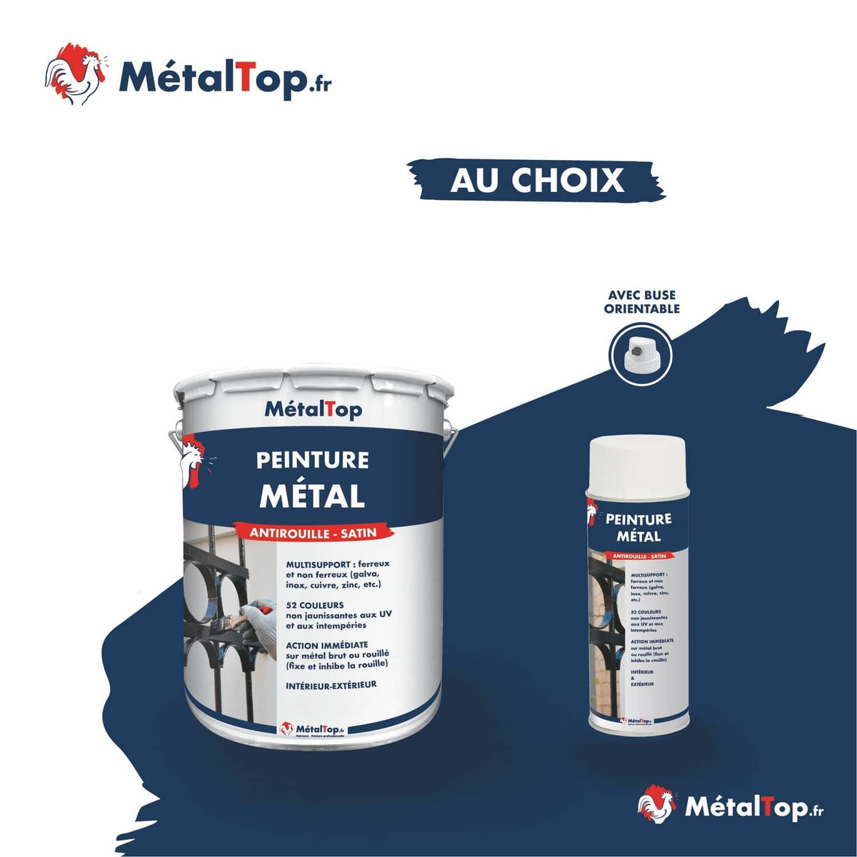 Pot de peinture métal antirouille satin et bombe aérosol MétalTop bleu marine