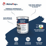 Pot de peinture métal antirouille satin MétalTop, sans solvant, sur fond bleu marine