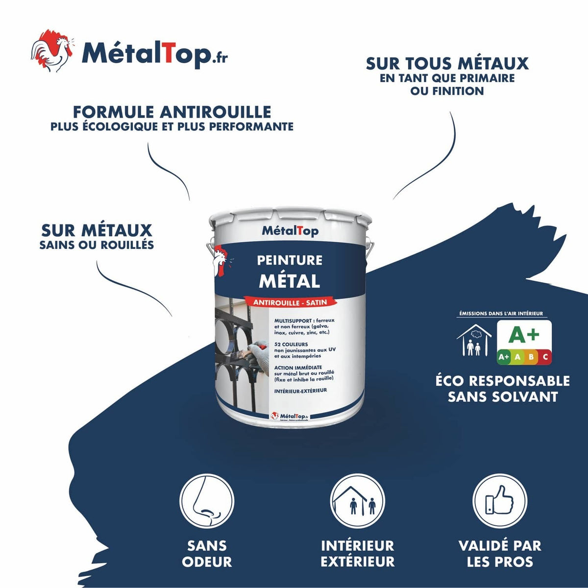 Pot de peinture métal antirouille satin MétalTop, sans solvant, sur fond bleu marine
