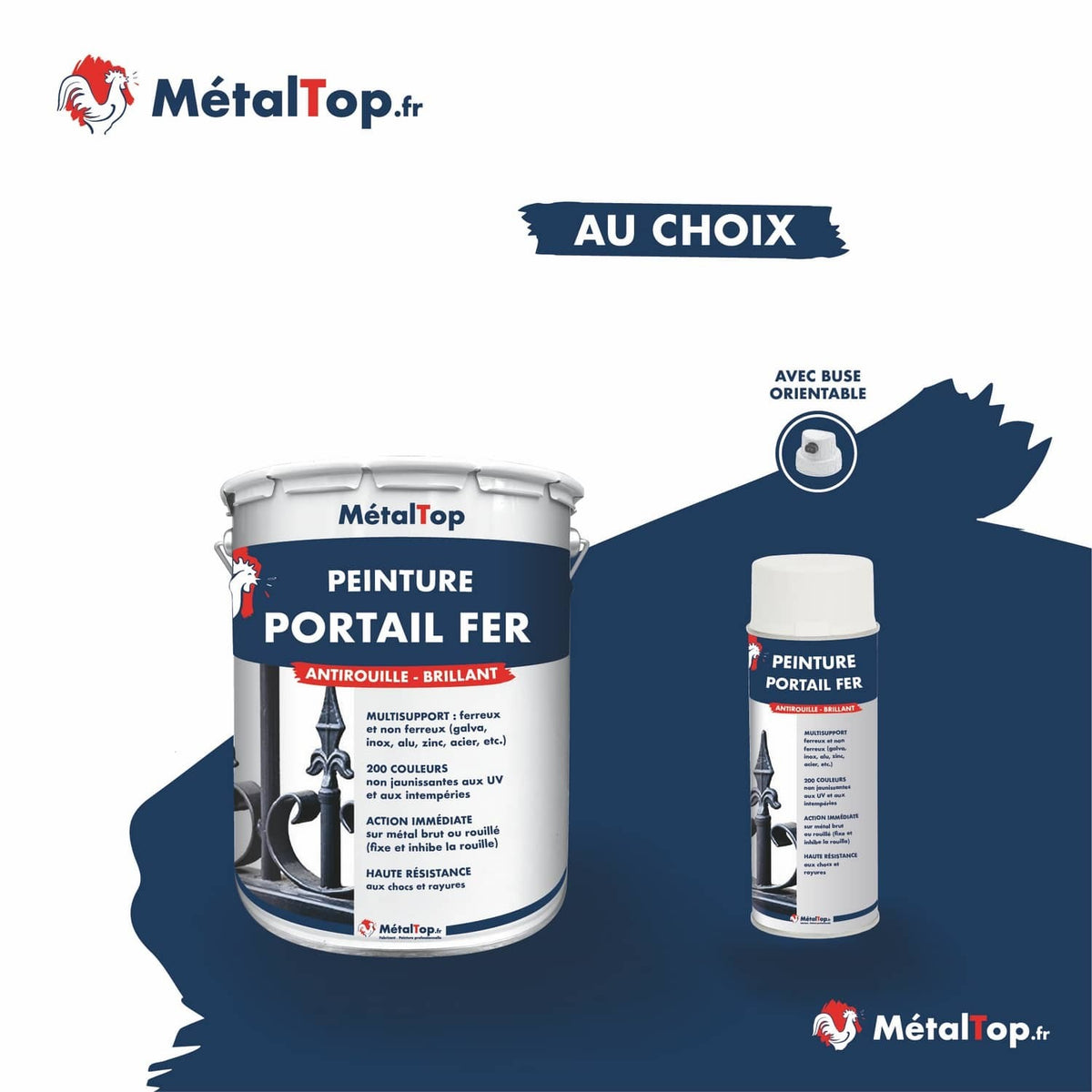 Pot et bombe de peinture portail fer antirouille, fond bleu marine, marque MétalTop