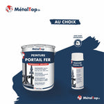 Pot et bombe de peinture portail fer antirouille, fond bleu marine, marque MétalTop