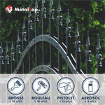 Grille en fer forgé peint en anthracite, à pointes décoratives, devant une haie verte