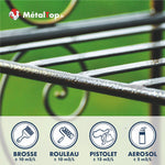 Fer forgé peint et rendements MétalTop : brosse 10, rouleau 10, pistolet 12, aérosol 2 m²/L