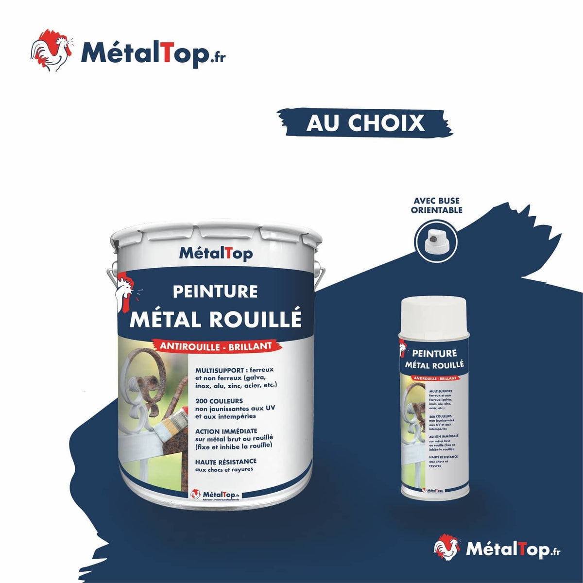 Pot et bombe aérosol de peinture antirouille MétalTop Métal Rouillé, finition brillante